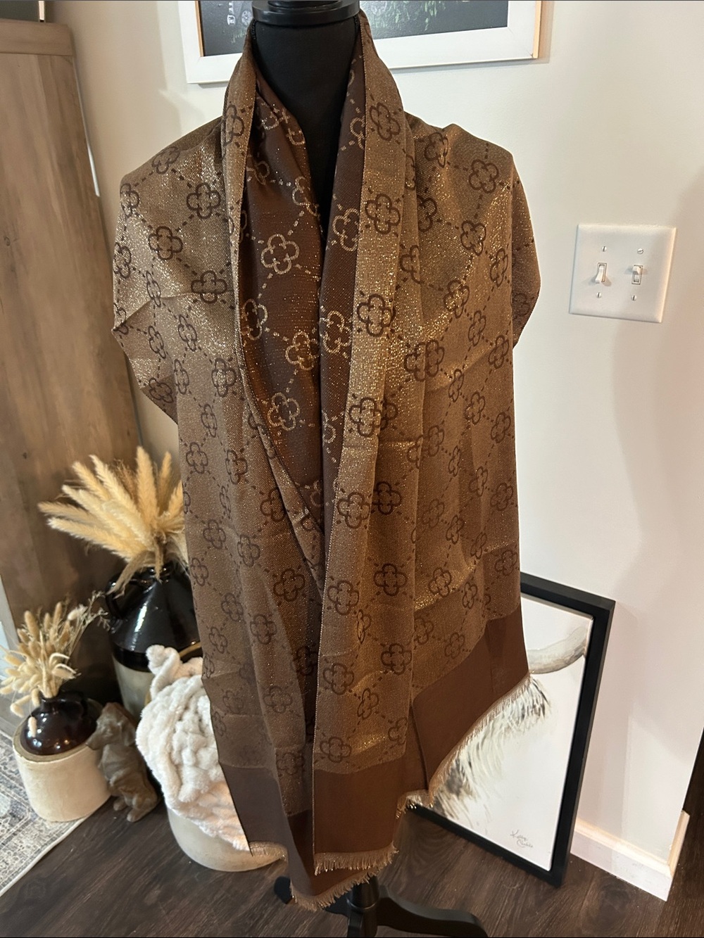 Brown Patterned Women's Shawl-Style Coat Scarf
